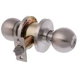 Close-up of a modern door lock with a round doorknob.