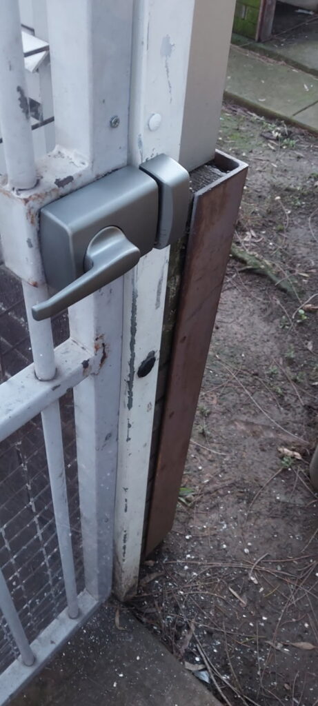 Gate lock installed Lockwood 002 lever deadlatch Dr Lock shop Locksmith Parramatta