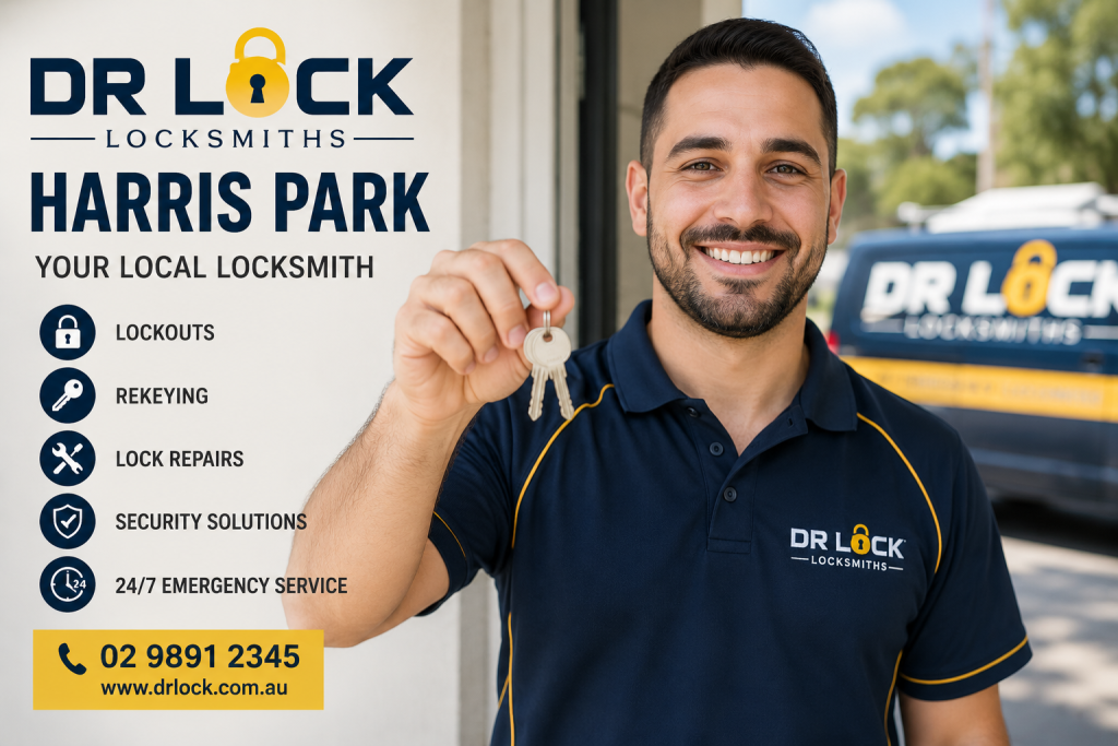 Smiling locksmith in navy polo holds keys outside next to a DR LOCK advertisement listing services and contact details.